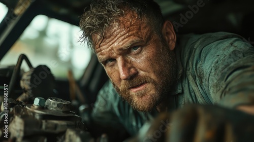 Wallpaper Mural A rugged mechanic with a focused expression works intently under the hood of a vehicle, embodying hard work and dedication amidst a gritty, industrial setting. Torontodigital.ca