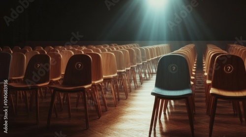 A single blue chair stands out in a row of wooden chairs. photo