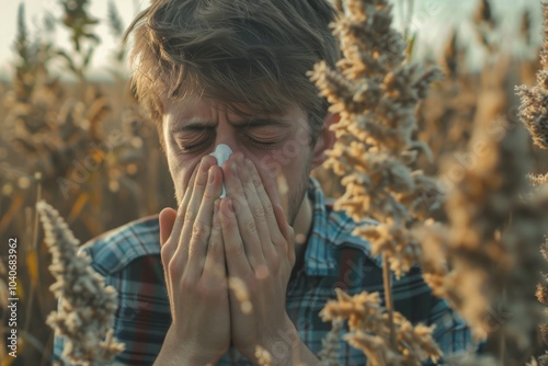 Young man sneezes because of an allergy to ragweed photo