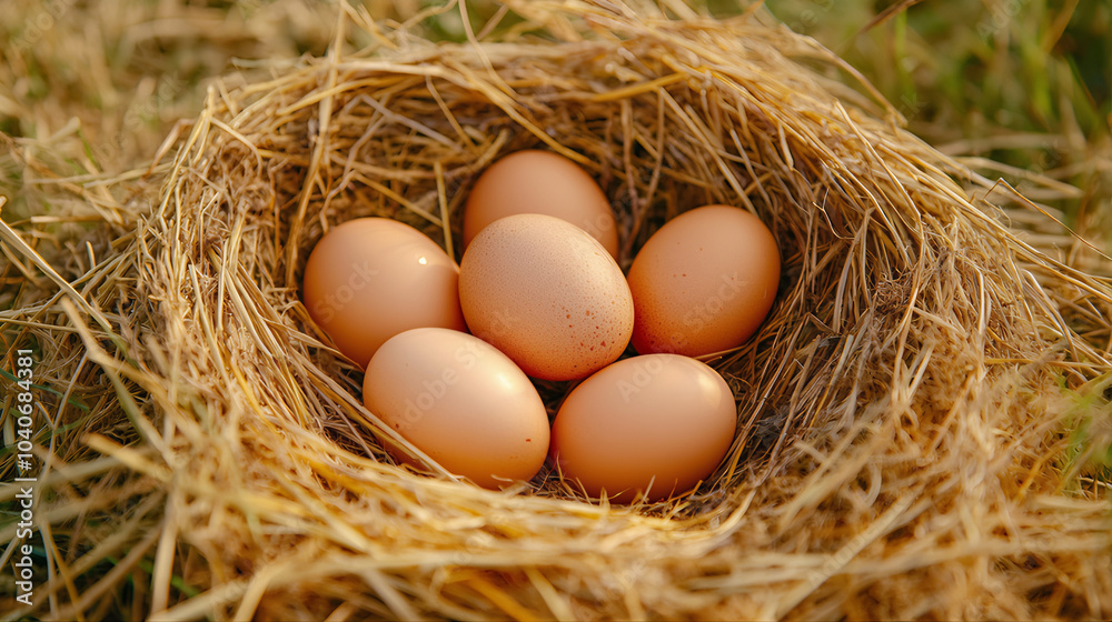 Freshly laid brown eggs in the nest isolated. Brown chicken eggs 