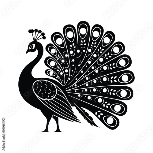 A black color selhouette vector drawing of a peacock