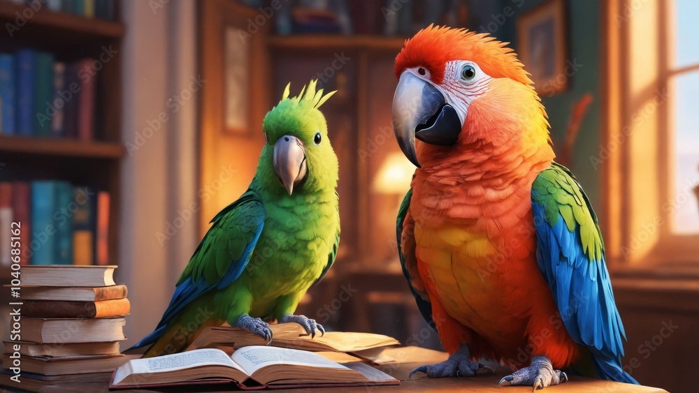 Obraz premium A colorful parrot in a cozy library reads a book while a candle flickers nearby in the evening