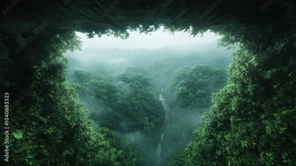A serene rainforest bathed in mist is viewed through a natural rock frame, presenting a harmonious blend of greenery, mist, and quiet beauty, inviting reflection. A serene rainforest bathed in mist is viewed through a natural rock frame, presenting a harmonious blend of greenery, mist, and quiet beauty, inviting reflection.