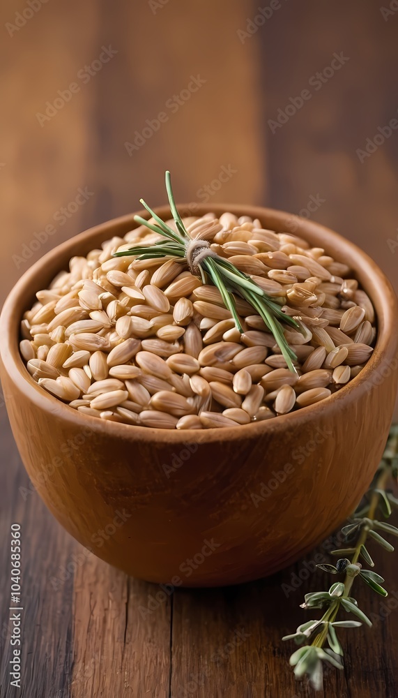 Freshly harvested grains in a wooden bowl with herbs on a rustic table setting in natural lighting Freshly harvested grains in a wooden bowl with herbs on a rustic table setting in natural lighting
