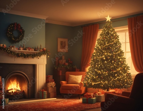 Christmas tree in the living room and fireplace with candles. New year decorated interior.