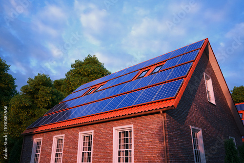 Residential House with Red Tiled Roof Covered in Solar Panels photo