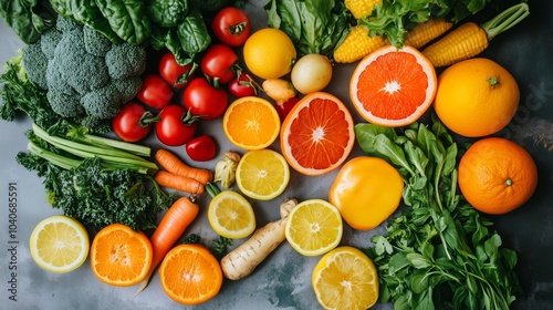 Colorful Arrangement of Fresh Vegetables and Citrus Fruits