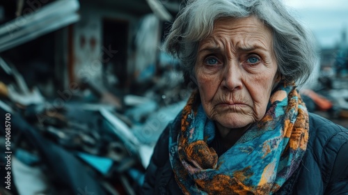 An elderly woman with a colorful scarf looks woeful amidst a backdrop of urban debris, capturing a poignant moment of reflection and resilience in a post-apocalyptic scene. photo