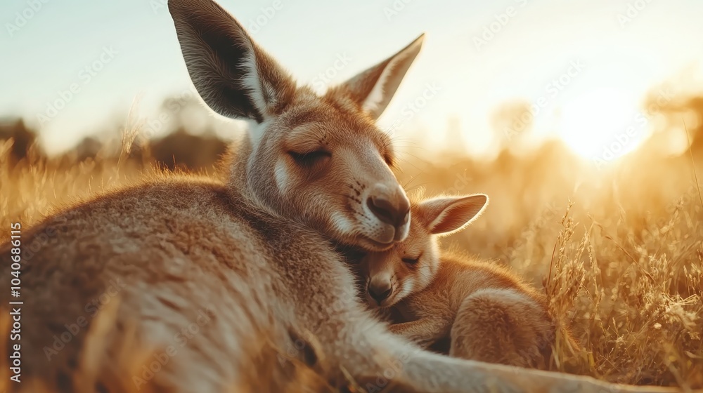 Fototapeta premium A mother kangaroo rests with her joey in the open field as the sun sets, bathing the landscape in a gentle, golden glow and depicting a scene of pure maternal love.