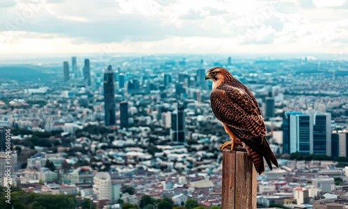 A stunning hawk perched on a post, surveying the sprawling urban landscape below. The image captures the contrast between nature and modern city life.