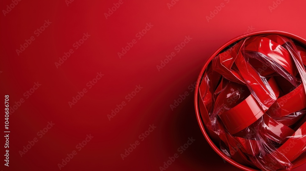 A round container bursting with glossy red ribbons, shown from an overhead angle. The vibrant red completely dominates the image, creating a striking visual impact. A round container bursting with glossy red ribbons, shown from an overhead angle. The vibrant red completely dominates the image, creating a striking visual impact.