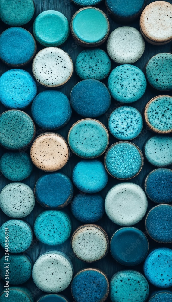 A collection of various shades of blue and light blue round objects arranged in a repeating pattern on a dark blue background.