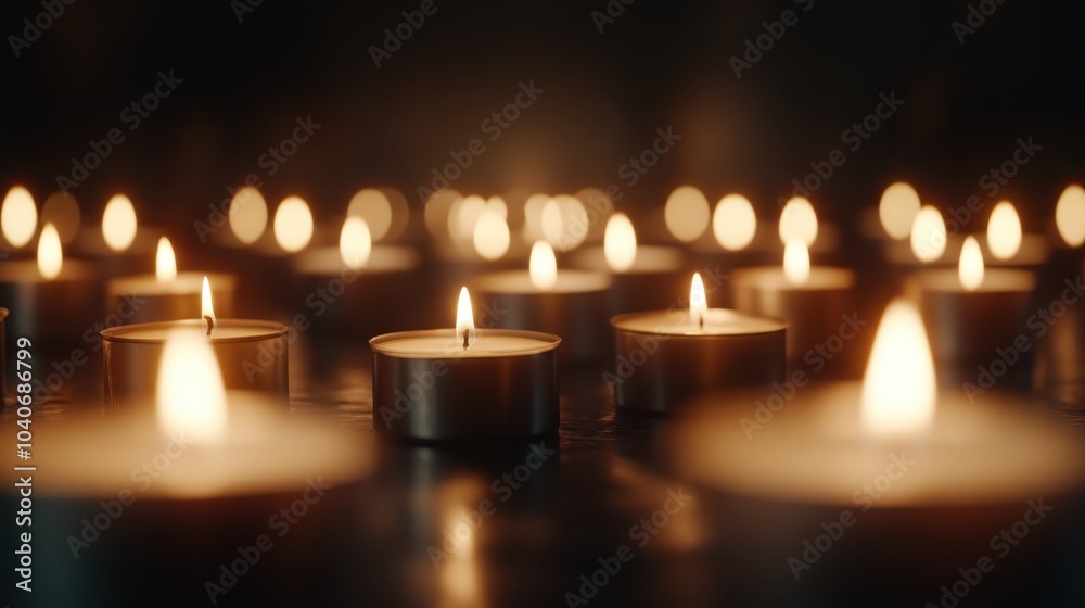 A collection of tea light candles casting a soft, warm glow in an otherwise darkened setting, creating an ambiance of warmth and tranquility throughout the scene. A collection of tea light candles casting a soft, warm glow in an otherwise darkened setting, creating an ambiance of warmth and tranquility throughout the scene.