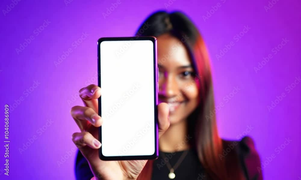 Happy Young African American Woman Holding a Cell Phone with a Blank Screen, Isolated Against a Purple Background for Mobile App Mockup