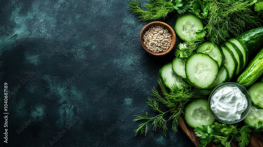 Sliced cucumbers with a bowl of yogurt and fresh herbs on a textured dark green background, ideal for healthy eating themes and food presentations. Sliced cucumbers with a bowl of yogurt and fresh herbs on a textured dark green background, ideal for healthy eating themes and food presentations.