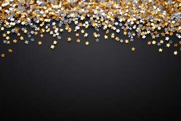A festive border of gold and silver confetti stars against a black background.