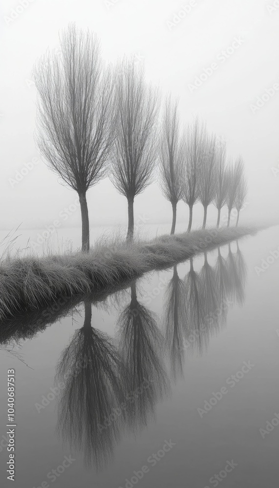 Fototapeta premium A row of bare trees stand tall against a foggy, ethereal backdrop. Their reflections create a mesmerizing mirrored image in the still water.