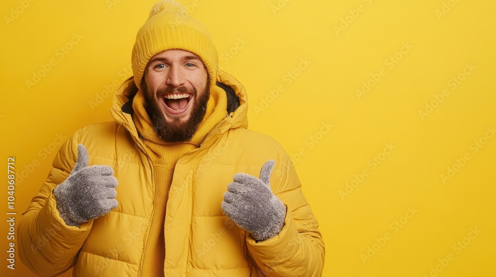 A joyful individual dressed in a bright yellow coat and beanie, expressing positivity and warmth, with gloved hands showing a thumbs-up against a solid yellow background. A joyful individual dressed in a bright yellow coat and beanie, expressing positivity and warmth, with gloved hands showing a thumbs-up against a solid yellow background.
