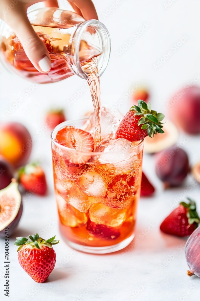 Refreshing Strawberry and Peach Iced Beverage Being Poured