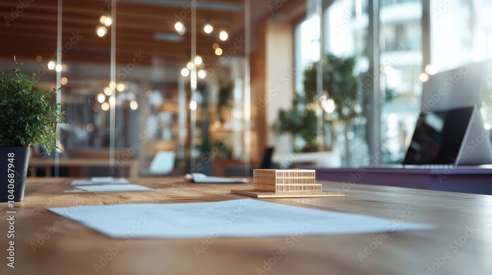 A sleek office setting showcasing a wooden architectural model on a table, with glimpses of indoor plants, creating a harmonious blend of creativity and nature. A sleek office setting showcasing a wooden architectural model on a table, with glimpses of indoor plants, creating a harmonious blend of creativity and nature.