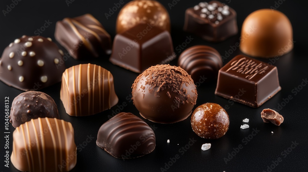 Exquisite Assortment of Gourmet Chocolates on a Black Background Exquisite Assortment of Gourmet Chocolates on a Black Background