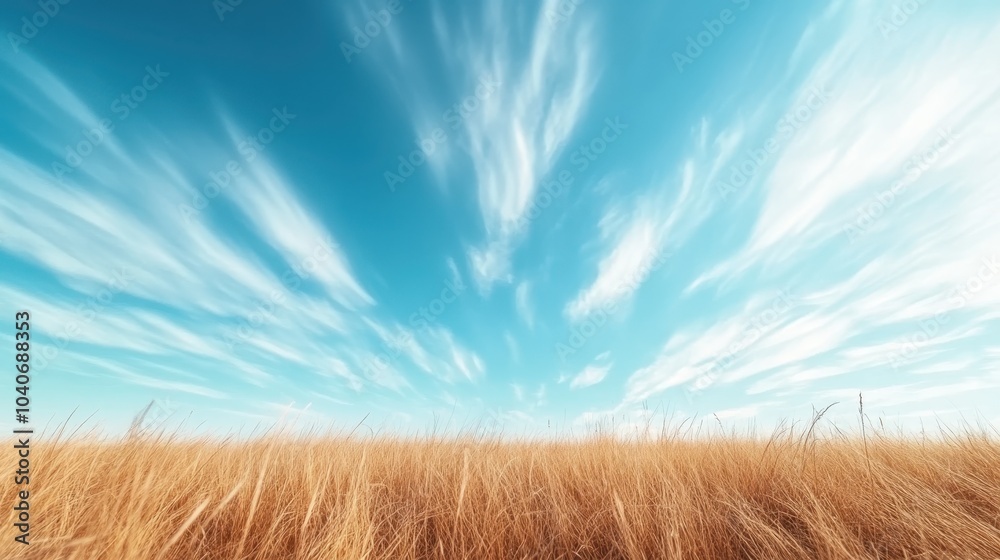 A breathtaking landscape featuring a vast golden field stretching into the horizon under a striking blue sky adorned with wispy clouds, evoking freedom and nature's beauty.