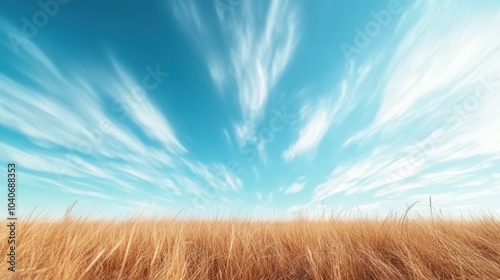 Obraz na płótnie A breathtaking landscape featuring a vast golden field stretching into the horizon under a striking blue sky adorned with wispy clouds, evoking freedom and nature's beauty. w salonie