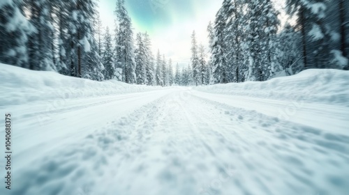 A scenic perspective of a desolate, snow-covered road cutting through a dense forest of towering, snow-laden evergreen trees, creating a sense of solitude and beauty.