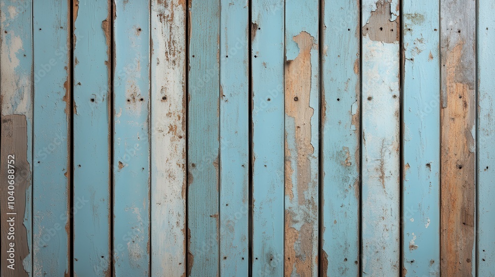 A collection of rustic turquoise wooden planks with significant peeling paint reveals underlying wood, exuding a sense of historic charm and vintage architecture style. A collection of rustic turquoise wooden planks with significant peeling paint reveals underlying wood, exuding a sense of historic charm and vintage architecture style.