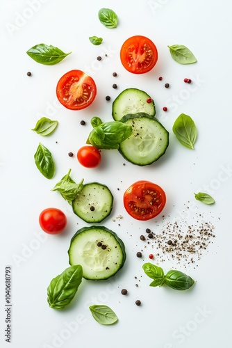 Fresh tomatoes, cucumbers, and basil with pepper seasoning on a white background photo