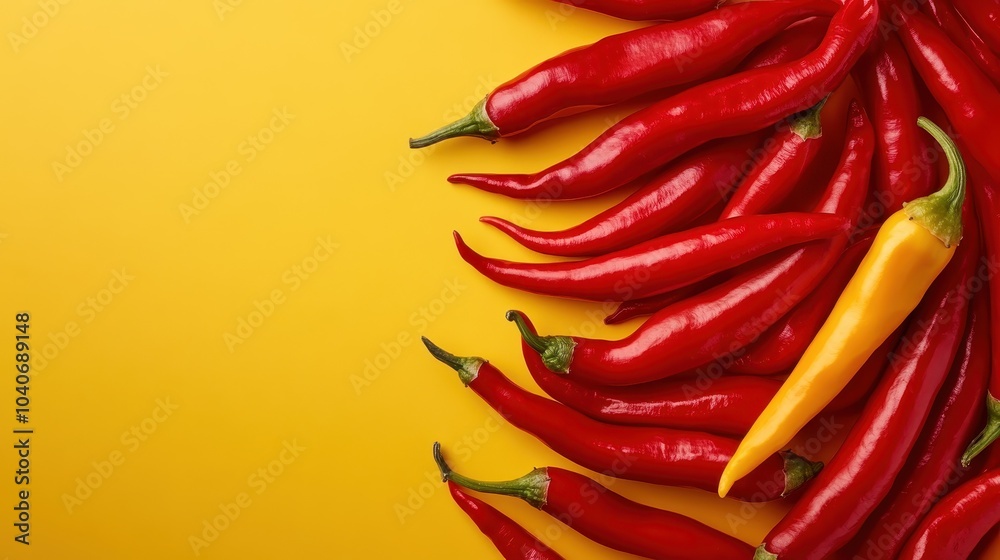 A striking collection of red and yellow chili peppers arranged creatively on a bright yellow background, emphasizing bold colors and a sense of spiciness in cooking. A striking collection of red and yellow chili peppers arranged creatively on a bright yellow background, emphasizing bold colors and a sense of spiciness in cooking.