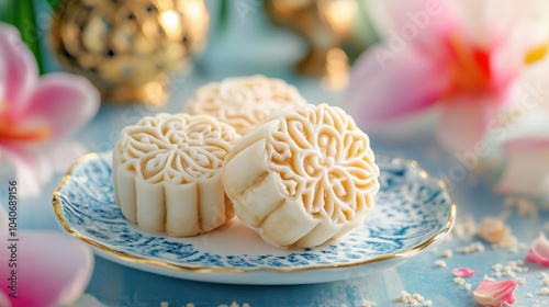 Beautiful Delight white winter ssnow skin mooncakes filled with black sesame paste with gold leaf dust. Edible glittering gold flakes brushed powdering on Bamboo Charcoal Snowy Skin Mooncake photo