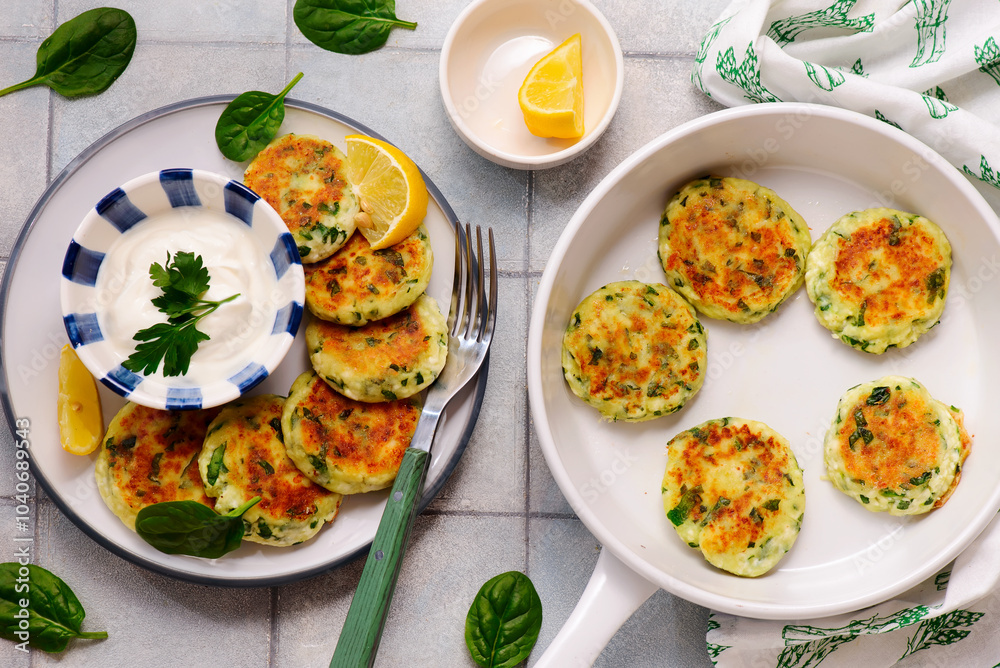 Cheese pancakes with mozzarella, spinach and yogurt-garlic sauce..top veiw Cheese pancakes with mozzarella, spinach and yogurt-garlic sauce..top veiw