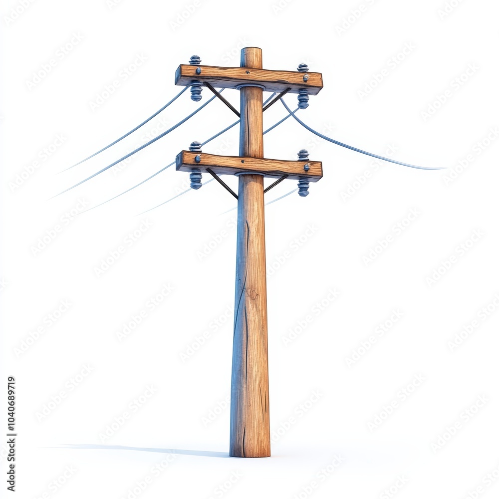 Wooden utility pole with power lines, white isolate background. Wooden utility pole with power lines, white isolate background.
