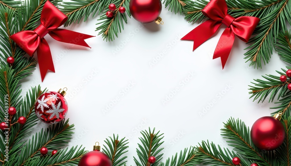 Free copy space in the middle, surrounded with Christmas stuff holiday wreaths with berries, festive bows, red and white ornaments. Free copy space in the middle, surrounded with Christmas stuff holiday wreaths with berries, festive bows, red and white ornaments.