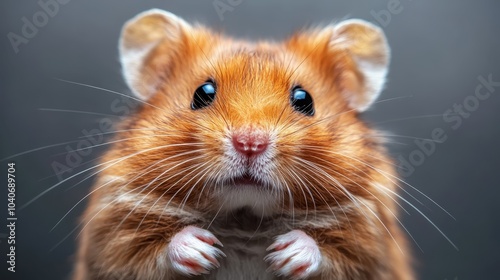 An inquisitive hamster gazes forward with its small paws slightly lifted, showcasing its soft fur and warm demeanor in a captivating close-up portrait. photo