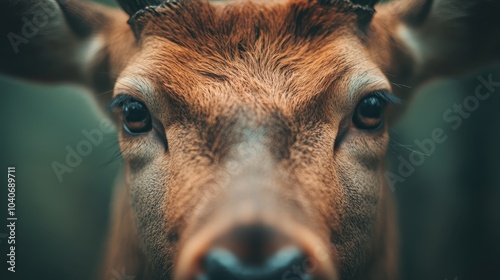 The image focuses on a deer making eye contact, capturing its alert and watchful nature with detailed fur and striking eye features in a serene environment. photo