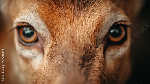 An up-close depiction of a deer with expressive eyes, capturing its vigilant nature and intricate fur details, embodying tranquility in its wild environment. photo