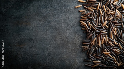 Wild rice, displaying its rich dark and tan colors, is arrayed across a textured surface, offering a natural and artistic visual presentation suitable for cuisine. photo