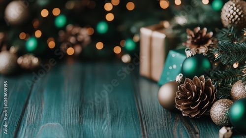 A festive Christmas setup with shiny ornaments, wrapped gifts, and pine cones, all arranged beautifully against a wooden backdrop with soft, warm lighting.