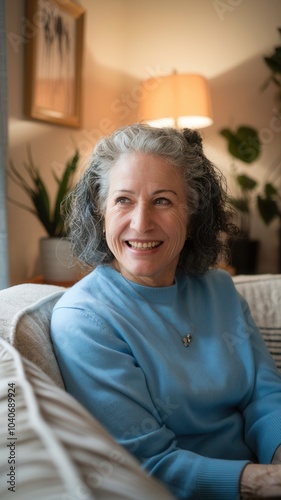 Happy Older Woman Relaxing in Cozy Living Room with Plants