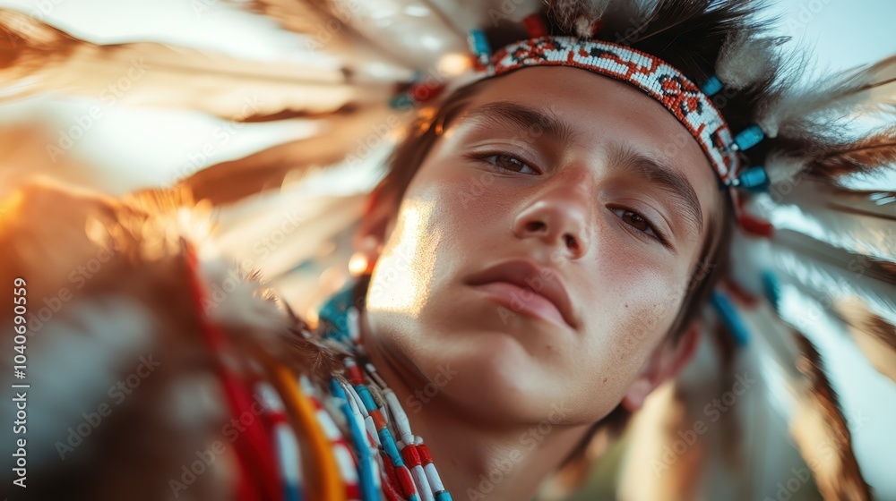 A striking close-up of a young person adorned in a full feather headdress, highlighting cultural richness and personal expression amidst a gentle background. A striking close-up of a young person adorned in a full feather headdress, highlighting cultural richness and personal expression amidst a gentle background.