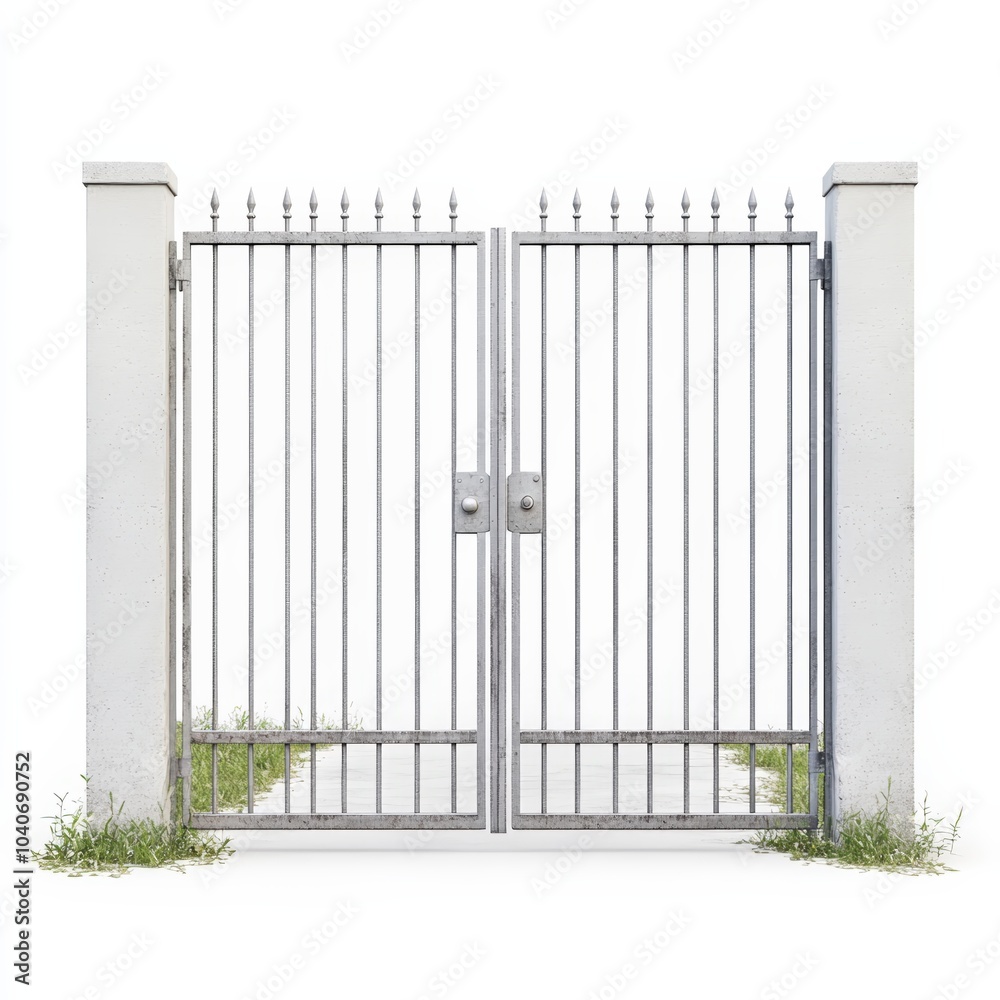 Metal gate with concrete pillars and grass, isolated white background.