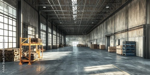 industrial warehouse with high ceilings, concrete floors, and wooden pallets arranged along the walls, featuring ample natural light from large windows.