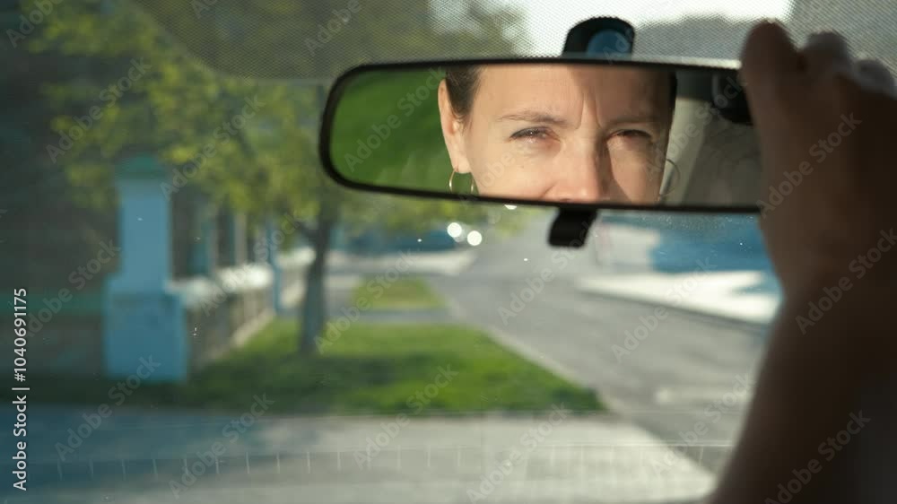Woman fixing the back view mirror. A woman fixing mirror before driving at parking. Woman fixing the back view mirror. A woman fixing mirror before driving at parking.