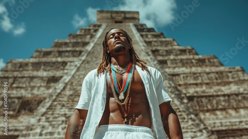 An athletic man with exposed abs stands confidently in white attire before a magnificent pyramid, merging physical prowess with historical grandeur. photo