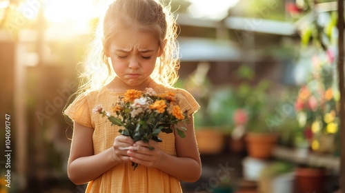 A young girl in a yellow dress holds a bunch of flowers with a sad expression in a sunlit garden, reflecting innocence and melancholy in a natural setting.