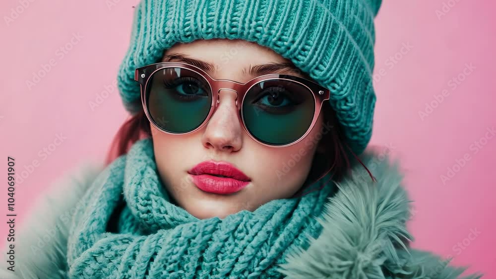 A woman wearing a blue beanie and sunglasses poses against a pink wall A woman wearing a blue beanie and sunglasses poses against a pink wall