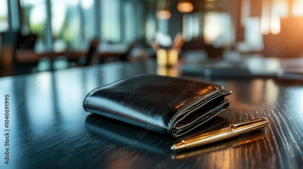 A refined leather wallet sits alongside a gold pen on a sleek, dark office desk, with blurred background ambiance suggesting a professional corporate setting. A refined leather wallet sits alongside a gold pen on a sleek, dark office desk, with blurred background ambiance suggesting a professional corporate setting.