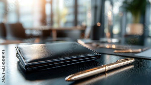 A luxurious black leather wallet paired with a shiny pen, resting on a dark wooden surface, set against a backdrop of a modern, sunlit interior office space.